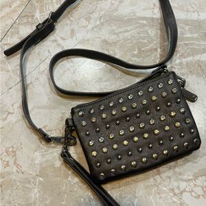 Studded and Rhinestone Black Leather Crossbody Bag